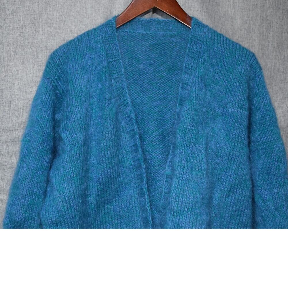 Hand-Knit Teal Mohair Blend Open Front Cardigan M - Picture 2 of 3